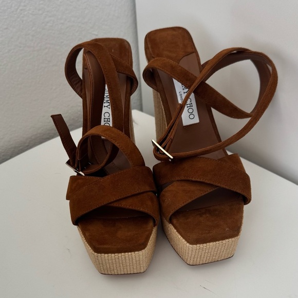 NWT JIMMY CHOO SUEDE GAIA PLATFORM SANDALS WITH RAFIA HEEL 14CM - Picture 3 of 6